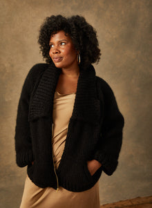  Hand-Knit: The Penelope - Hand-Knit Shawl Collar Jacket in Caviar Size 3 (L/XL)