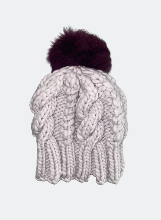 SALE: The Fenway - Cable Beanie in Moonlight with Violet Alpaca Pom