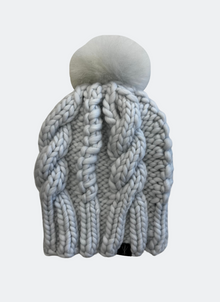  Hand-knit: The Fenway - Cable Beanie in Frost with Alpaca Pom