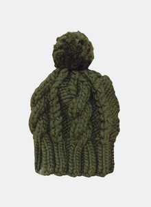  Hand-knit: The Fenway - Cable Beanie in Thyme with Wool Pom
