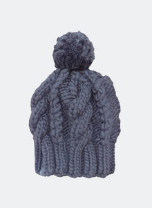  Hand-knit: The Fenway - Cable Beanie in Charcoal with Wool Pom