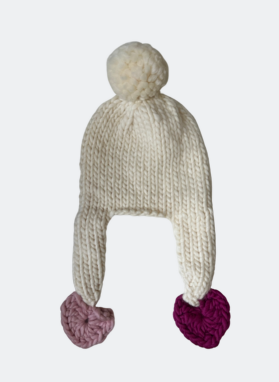 Kids Collection:  Hand-Knit Earflap Hat with Hearts (Size 2-4yo)