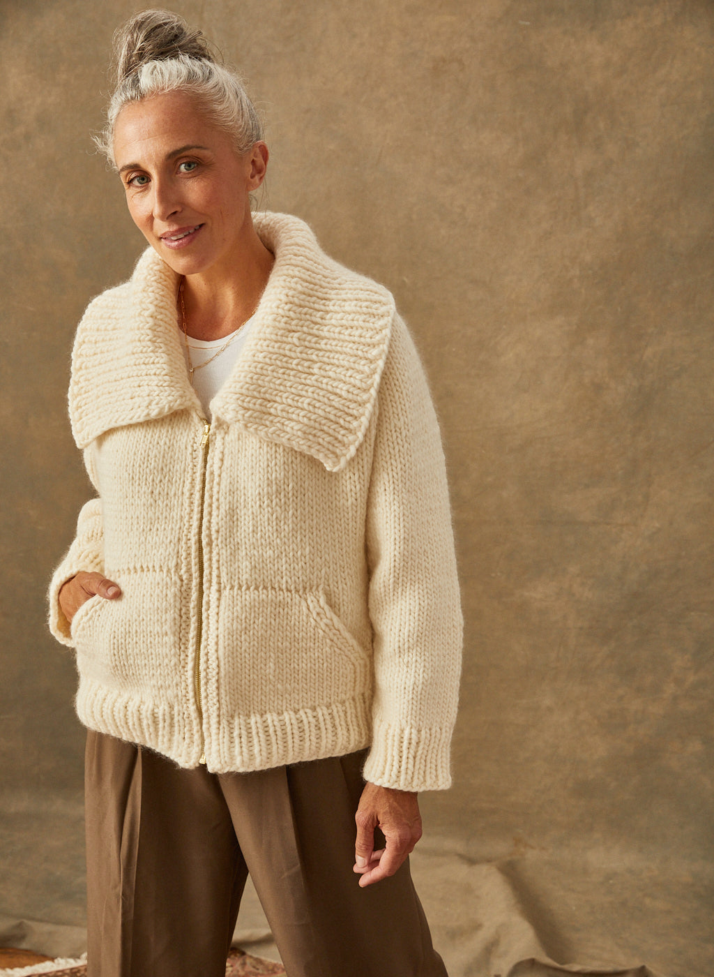The Penelope - Hand-Knit Shawl Collar Jacket in Sugar (Size