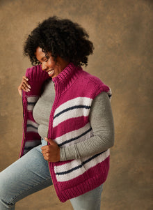  Hand-Knit: Collared Zip-up Vest in Azalea Striped Size 3 (Large)