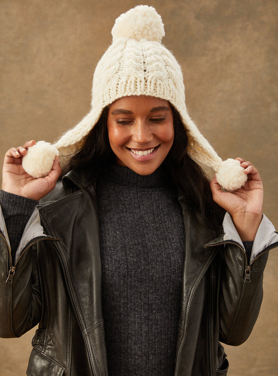 Ready-Knit: The Dubliner - Cabled Pom Pom Trapper Hat