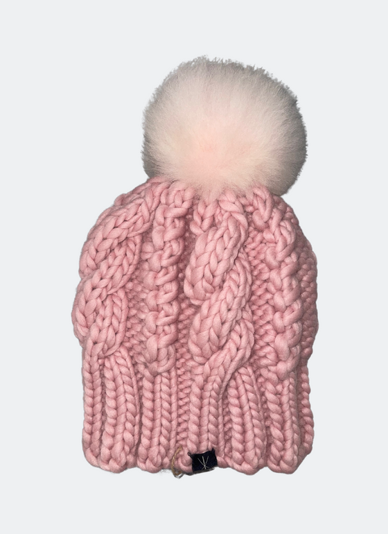 Hand-knit: The Fenway - Cable Beanie in Vintage Rose with Alpaca Pom