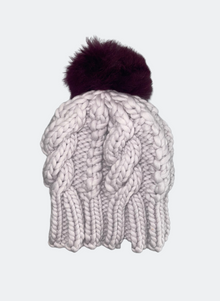  Hand-knit: The Fenway - Cable Beanie in Moonlight with Violet Alpaca Pom