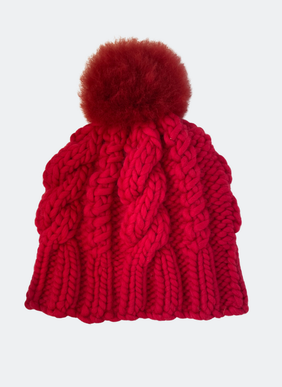 Hand-knit: The Fenway - Cable Beanie in Lipstick with Alpaca Pom